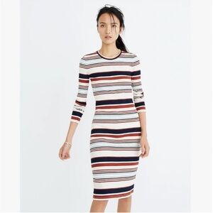 Madewell Striped Long Sleeve Midi Dress in White, Navy & Rust